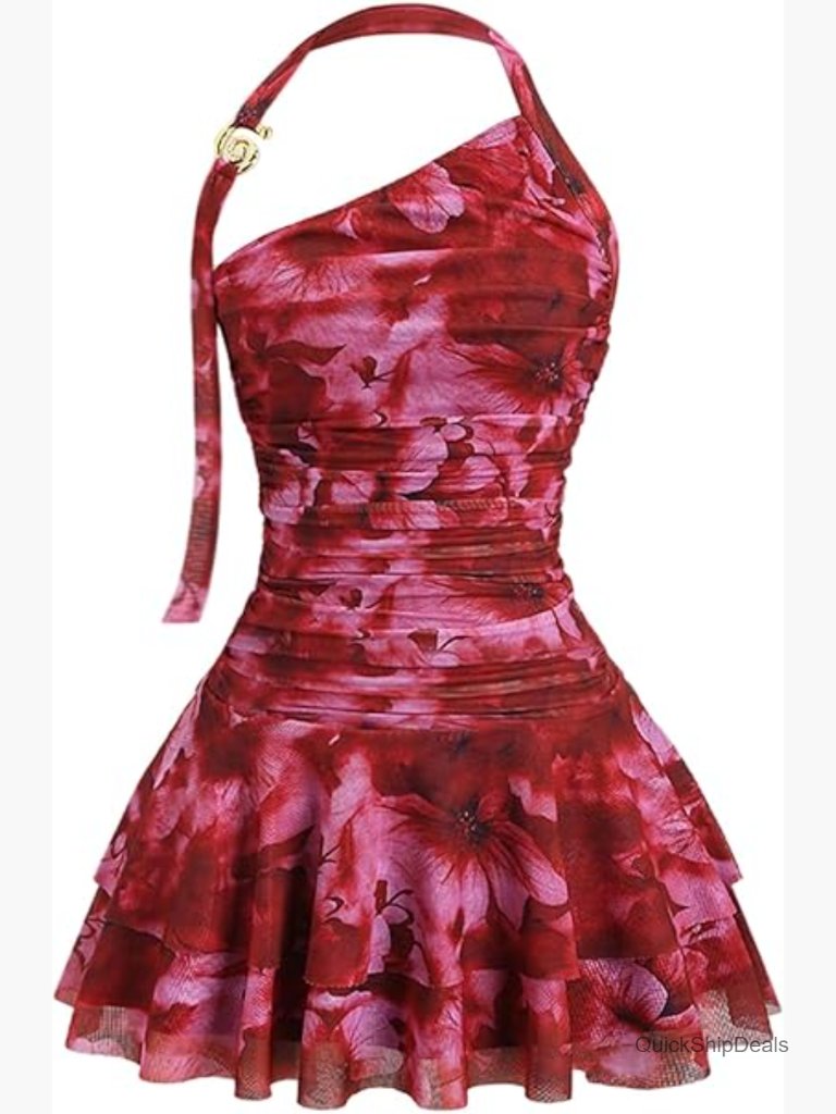 Floral Print Halter Flowy Mini Dress Backless Ruffle Beach Birthday